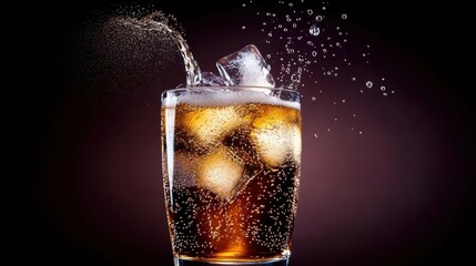 A glass of soda filled with ice, with bubbles rising rapidly through the liquid.
