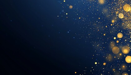 Glowing particles floating in a dark blue background with golden bokeh lights, cosmic dust theme, abstract magic