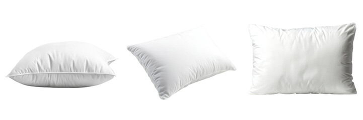 Obraz premium Three fluffy white pillows showcasing different shapes and sizes, perfect for home decor and comfort. on transparent cutout, PNG file