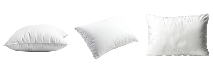 Three fluffy white pillows showcasing different shapes and sizes, perfect for home decor and comfort. on transparent cutout, PNG file