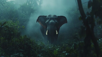 Majestic elephant in misty forest embodying strength and tranquility, evoking feng shui harmony with nature's beauty