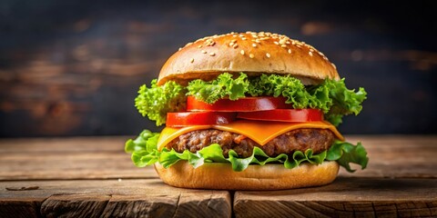 A classic cheeseburger with fresh lettuce, tomato, and a juicy patty on a rustic wooden table