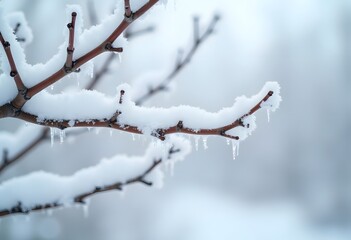 Spruce branch covered with frost. First snow. Snow on a green branch. Christmas season. New year mood