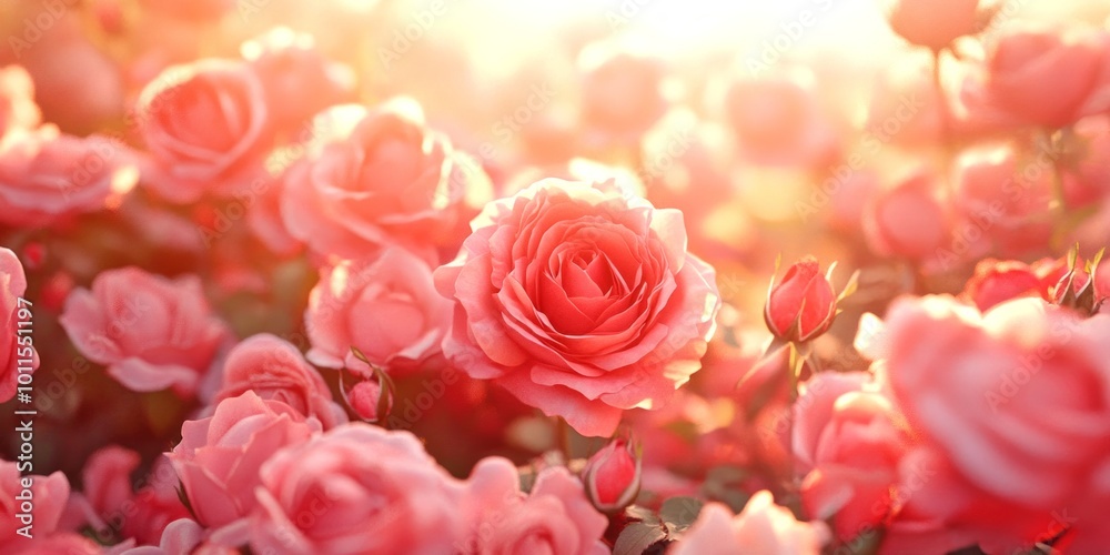 Sticker Beautiful garden filled with blooming pink roses in soft light. Perfect for nature lovers and floral enthusiasts. A serene scene that captures natural beauty. AI