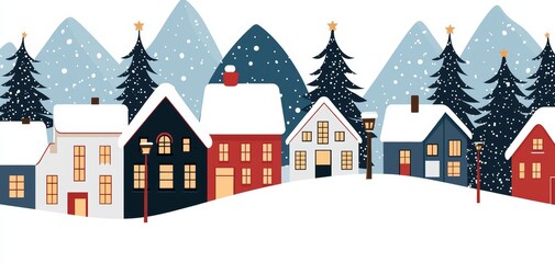 Magical winter village at Christmas, snow-covered roofs, twinkling lights, traditional holiday market scene, glowing street lamps