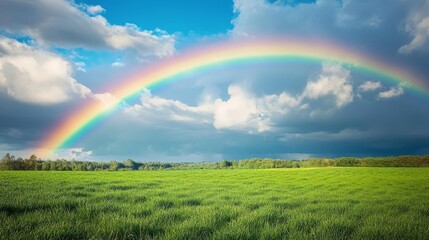 Fototapeta premium Rainbow over vibrant green field post-storm, embodying hope and renewal, serene natural harmony, uplifting landscape view