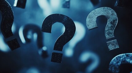 Cinematic, dark blue background with question marks floating in the air