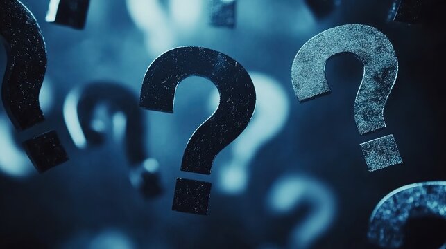 Cinematic, dark blue background with question marks floating in the air