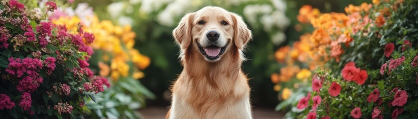 Fototapeta premium A joyful golden retriever posing among vibrant flowers, showcasing a happy spirit and a beautiful outdoor setting.
