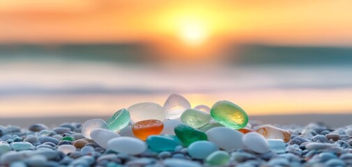 Multicolored sea glass washed ashore, glowing under the soft sunset light, tranquil beach scene with soft waves in the background