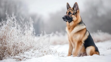 Naklejka premium A majestic German Shepherd sitting gracefully in a snow-covered landscape, showcasing its loyalty and strength amidst winter beauty.
