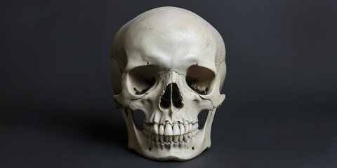 detailed natural human skull front view on dark background for halloween decor or anatomical study
