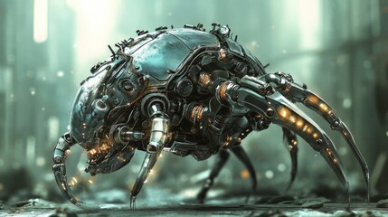 Fototapeta premium A mechanical animal concept featuring cybernetic parts fused with organic elements, creating a hybrid creature with enhanced strength and futuristic design