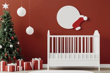 Santa-themed nursery with crib, Christmas gifts, colorful decorations, 3D illustration