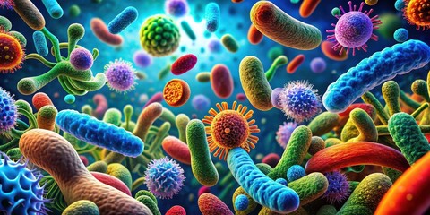 A vibrant and colorful microscopic world filled with various shapes and sizes of bacteria and viruses, showcasing the beauty and complexity of the unseen