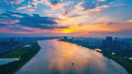 Fototapeta premium aerial river and city landscape