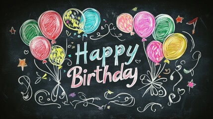 A vibrant "Happy Birthday" chalkboard featuring colorful hand-drawn letters and balloons, perfect for adding a festive touch to birthday celebrations and conveying joyful birthday wishes