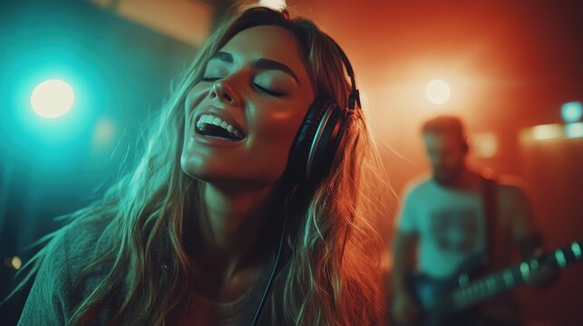 A woman exudes sheer joy as she sings in a vibrant recording studio, surrounded by colorful lighting, embodying the thrill of musical expression.