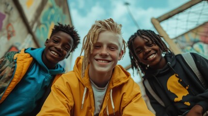 Obraz premium Three young children, smiling widely, enjoy their time together outdoors, capturing the essence of friendship and happiness in an urban setting with graffiti.