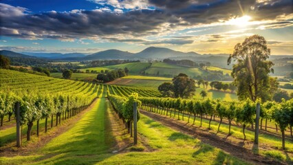 Naklejka premium A vineyard bathed in the golden light of a setting sun, casting long shadows across the rows of grapevines and illuminating the distant hills