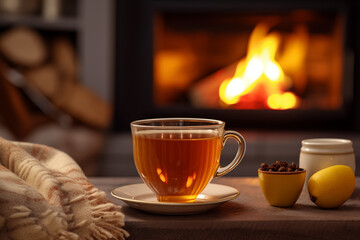 Hot Tea with Lemon and Spices by Cozy Fireplace in Winter Ambiance