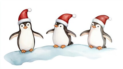 Fototapeta premium Three cheerful penguins wearing Santa hats stand on snow, perfect for holiday themes and winter celebrations.