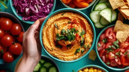A detailed view of a vibrant bowl of hummus garnished with fresh herbs, surrounded by colorful vegetables and offering a savory, healthy snacking option.