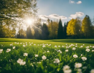 Fototapeta premium Green field of grass and white flowers, lawn surrounded by trees against a blue sky with clouds on a bright sunny day, concept of spring nature
