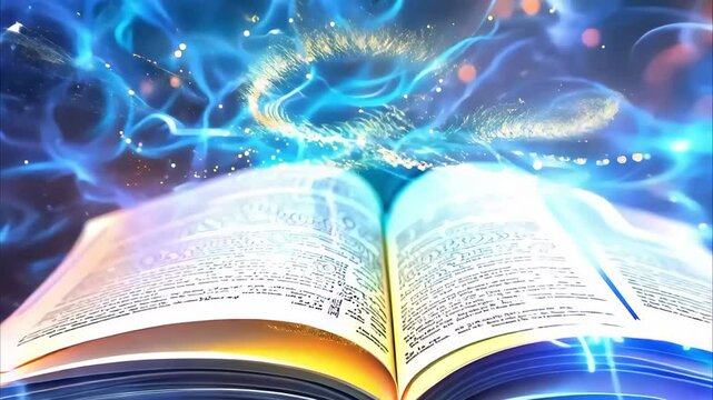 An open book surrounded by colorful, swirling lights and cosmic patterns, suggesting a magical or imaginative theme.