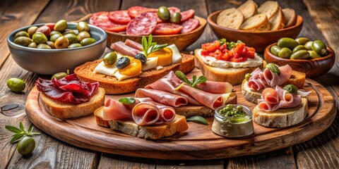 Fototapeta premium Assorted Appetizers on a Rustic Wooden Board with a Focus on a Variety of Toasted Bread Toppings, Including Ham, Salami, Tomato, Cheese, and Olives