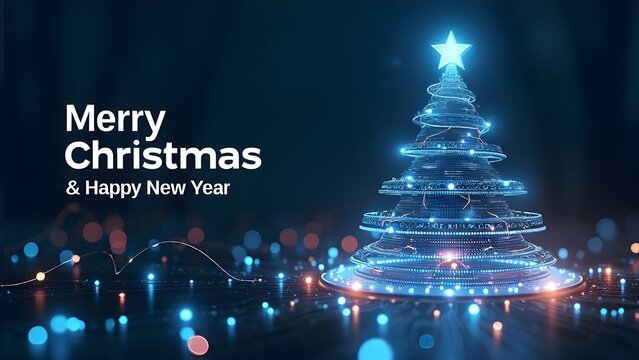 Digital Christmas Tree with Merry Christmas and Happy New Year Greeting