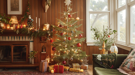 Obraz premium Cozy retro living room with Christmas tree and festive fireplace decorations