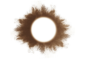 Brown color powder explosion isolated on white background. Colored cloud. Colorful dust explode. Paint Holi