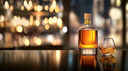 A sophisticated bottle of aged scotch, displayed with a matching glass, set on a dark, elegant bar.
