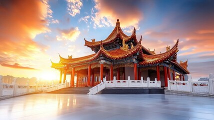 Naklejka premium A stunning Chinese temple with its distinctive red pillars, gold decorations, and ornate roof designs.