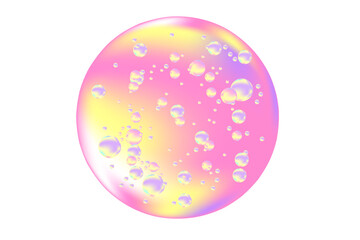 Fluid pink 3D glowing bubble swatch with flowing molecules, microscope close up, fluid serum droplet isolated on transparent background, cosmetology, beauty science,