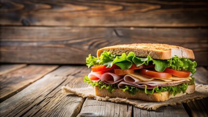 A hearty sandwich with layers of fresh lettuce, tomato, cheese, and ham, resting on a rustic wooden table