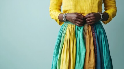 Fototapeta premium A woman wearing a vivid, multi-colored skirt and metallic bracelets stands against a soft blue background, expressing cultural richness and creativity.