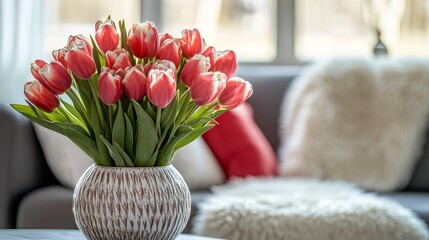 Serene meditation space featuring a vase of tulips, promoting tranquility, harmony, and mental clarity through feng shui principles