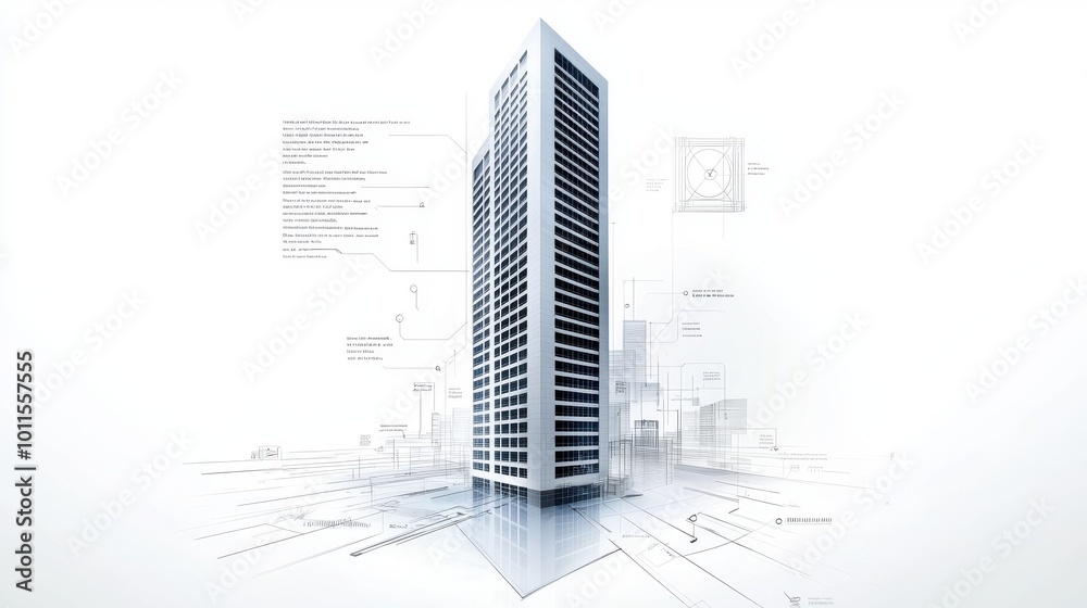 Poster a technical drawing of a skyscraper, with detailed blueprints showing each level's design and struct