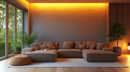 An inviting minimalist living room with a comfortable sectional sofa, minimalist decor, and warm lighting, perfect for hosting guests in comfort and style.