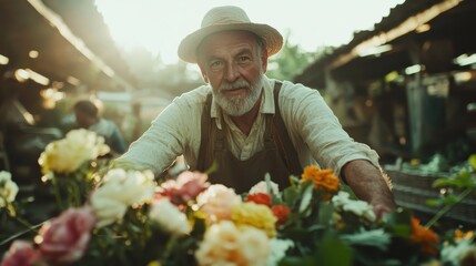 An elderly flower vendor standing behind his vibrant stall, bathed in warm evening sunlight that enriches the atmosphere of a lively marketplace.