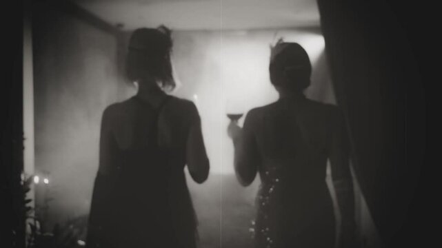 Old film 1920s style black and white color Dark silhouette two women clink glasses drinking red wine back rear view, night club full smoke. Retro Woman dress. Sexy girl girls come to party new year