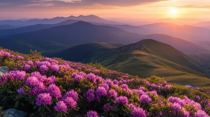 Sunrise Over Mountain Range with Blooming Rhododendrons