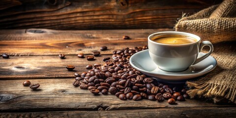 A cup of coffee, steaming with warmth, rests on a rustic wooden surface surrounded by a scattering of roasted beans, inviting a moment of quiet contemplation.