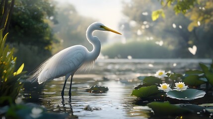 Naklejka premium Great Egret Bird in Nature, Photo Realistic, Pattern Background, Wallpaper, Cover and Screen for Smartphone, PC, Laptop, 9:16 and 16:9 Format