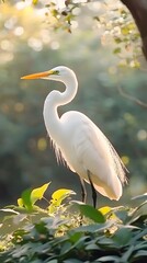 Obraz premium Great Egret Bird in Nature, Photo Realistic, Pattern Background, Wallpaper, Cover and Screen for Smartphone, PC, Laptop, 9:16 and 16:9 Format