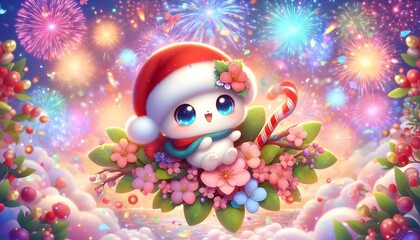Obraz premium Cute White Character in a Santa Hat with Festive Eyes for a Merry Christmas