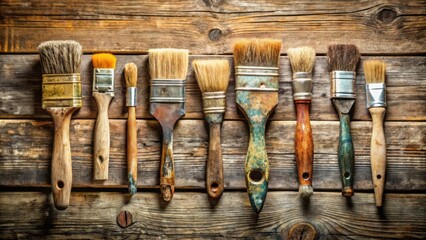 A row of eight well-worn paint brushes with wooden handles and various bristle types, arranged on rustic weathered wooden planks