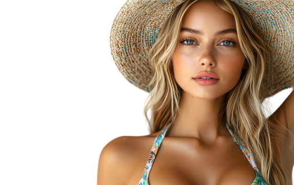 A beautiful woman in a straw hat, exuding summer vibes with a natural, radiant look and captivating gaze.